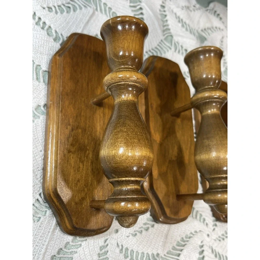 Vintage 70s Colonial Wood Wall Sconce Candle Holders Wooden Rustic Decor 3
